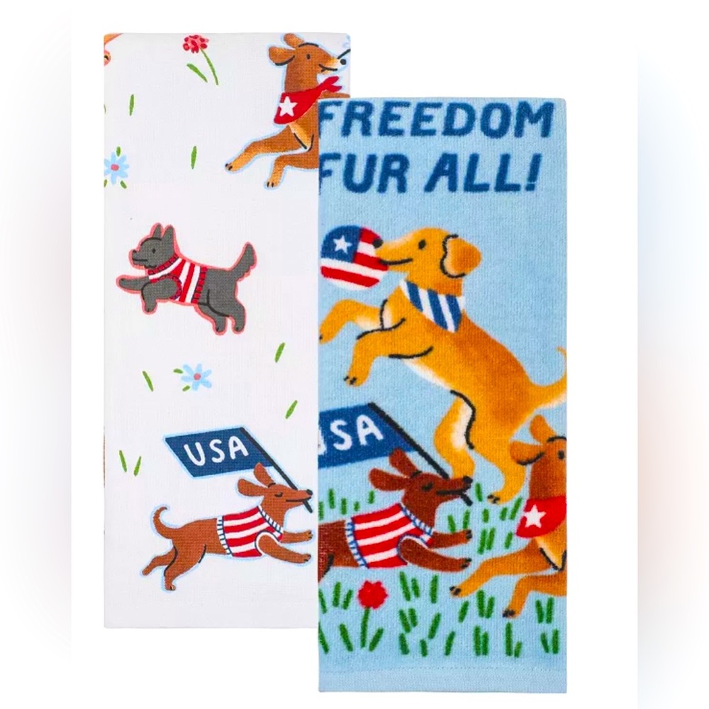 Set of 2 Freedom Fur All Puppy Dogs Celebrating America Kitchen Towels USA